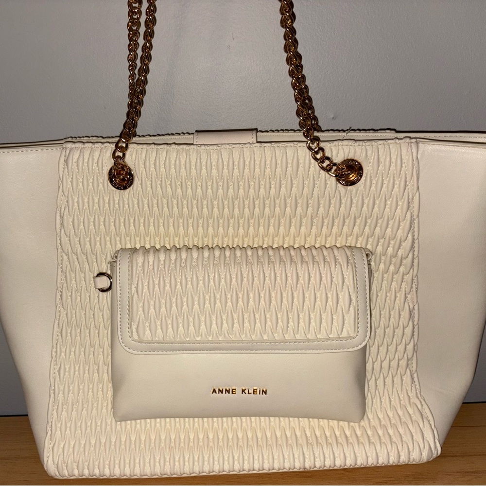 Anne Klein White Quilted Tote with Gold Chain Straps & Matching Mini Crossbody